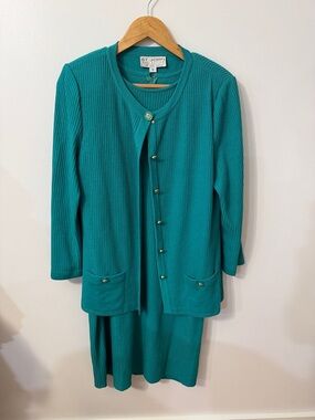 St. John Teal Knit Cardigan Set